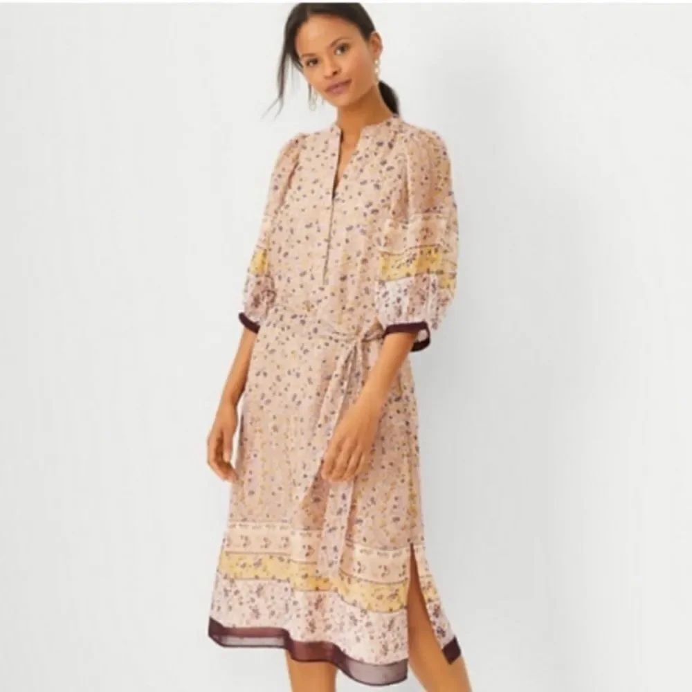 Ann Taylor XL Beige Plum Gold Lurex Paisley Floral Border Balloon Sleeve Dress
